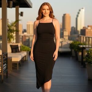 DAVID MEISTER Black Ruched Asymmetrical Hem Midi Cocktail Dress Bodycon Sz: 2